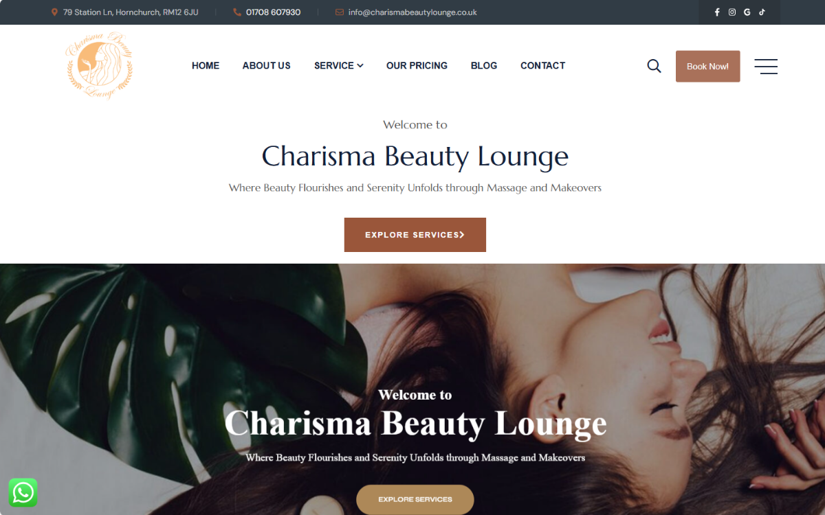 Custom website design for Charisma Beauty Lounge, beauty clinic Hornchurch